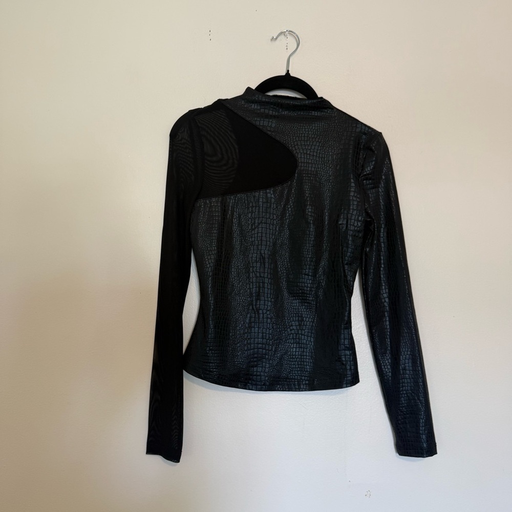 Faux Leather Snake Pint Mesh Black Long Sleeve Blouse